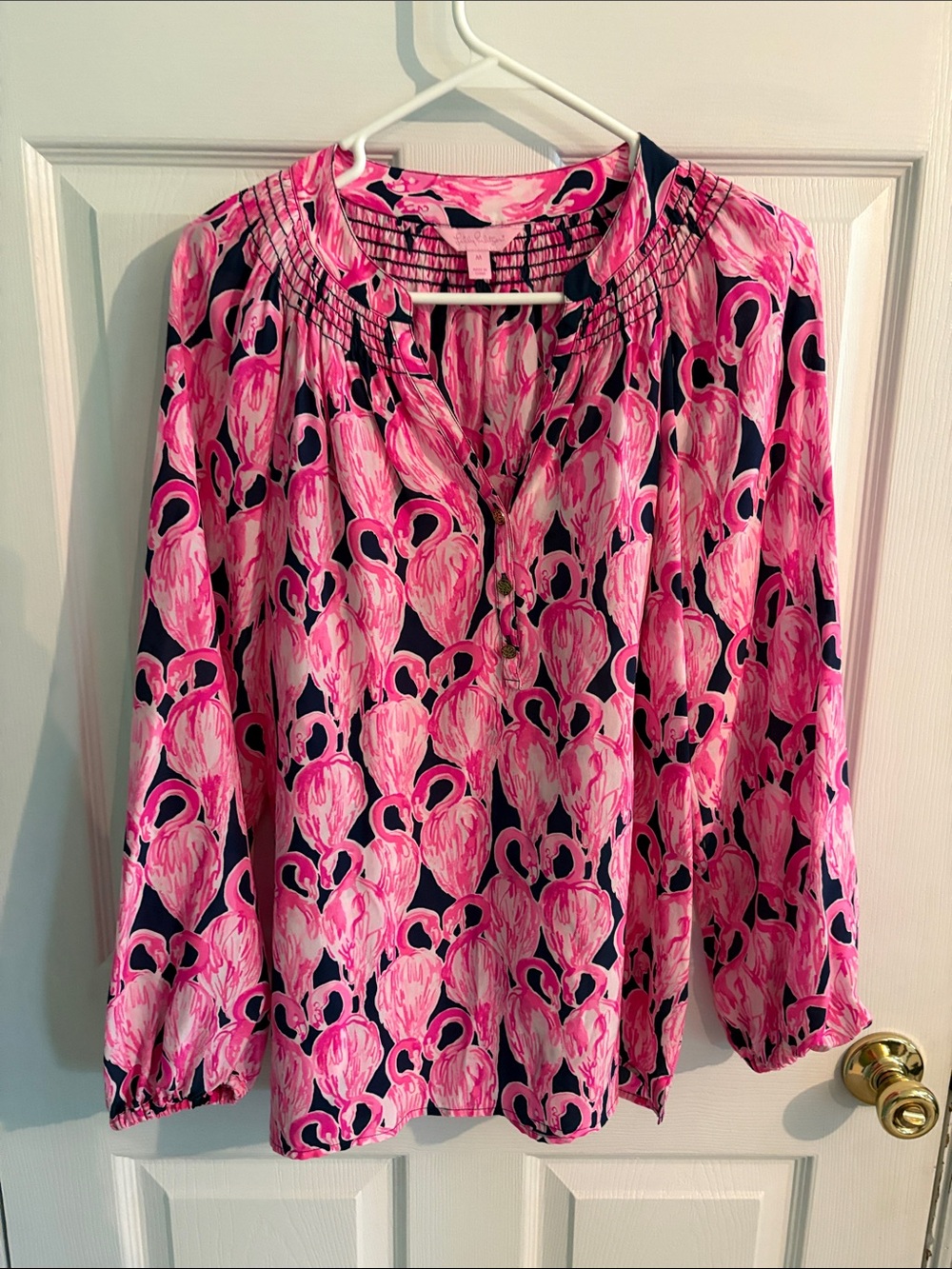 Lilly Pulitzer Pink & Navy Flamingo-Print Long-Sleeve Blouse